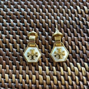 Tory Burch Gold and White Hexagon Earrings
